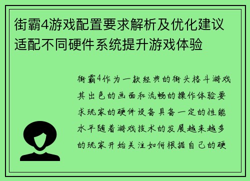 街霸4游戏配置要求解析及优化建议 适配不同硬件系统提升游戏体验